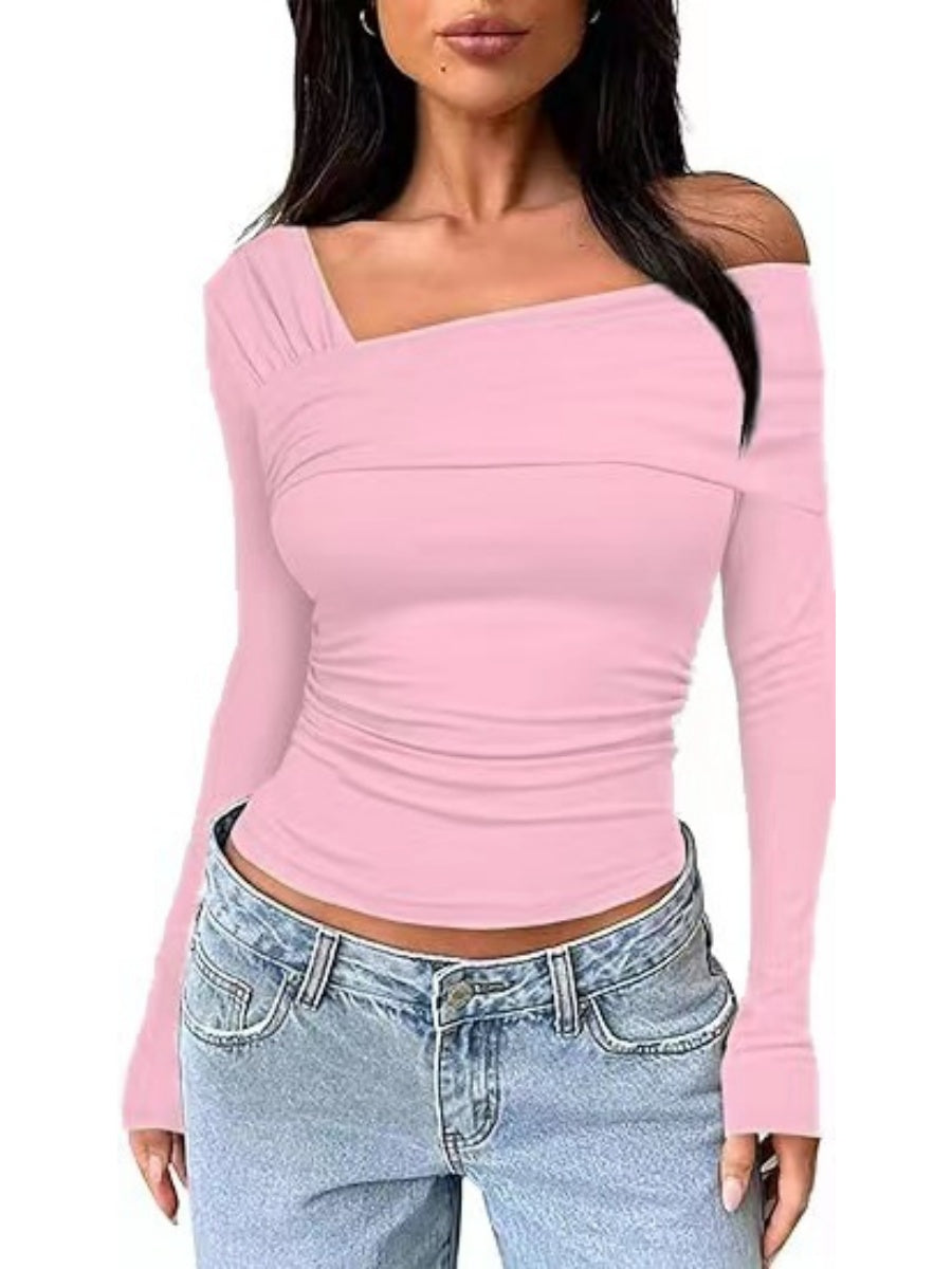 One Shoulder Long Sleeve Pleats Slim Fit T-shirts