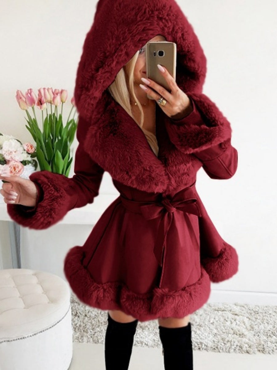 Furry Patchwork Ruffle Solid Color Ribbon Hooded Coats