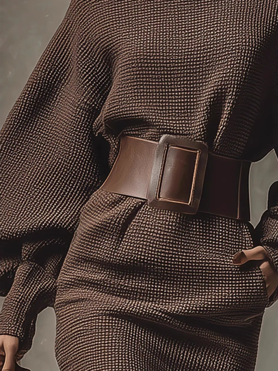 Brown Asymmetrical Batwing Sleeves With A Belted Pullover Mini&Short Dresses
