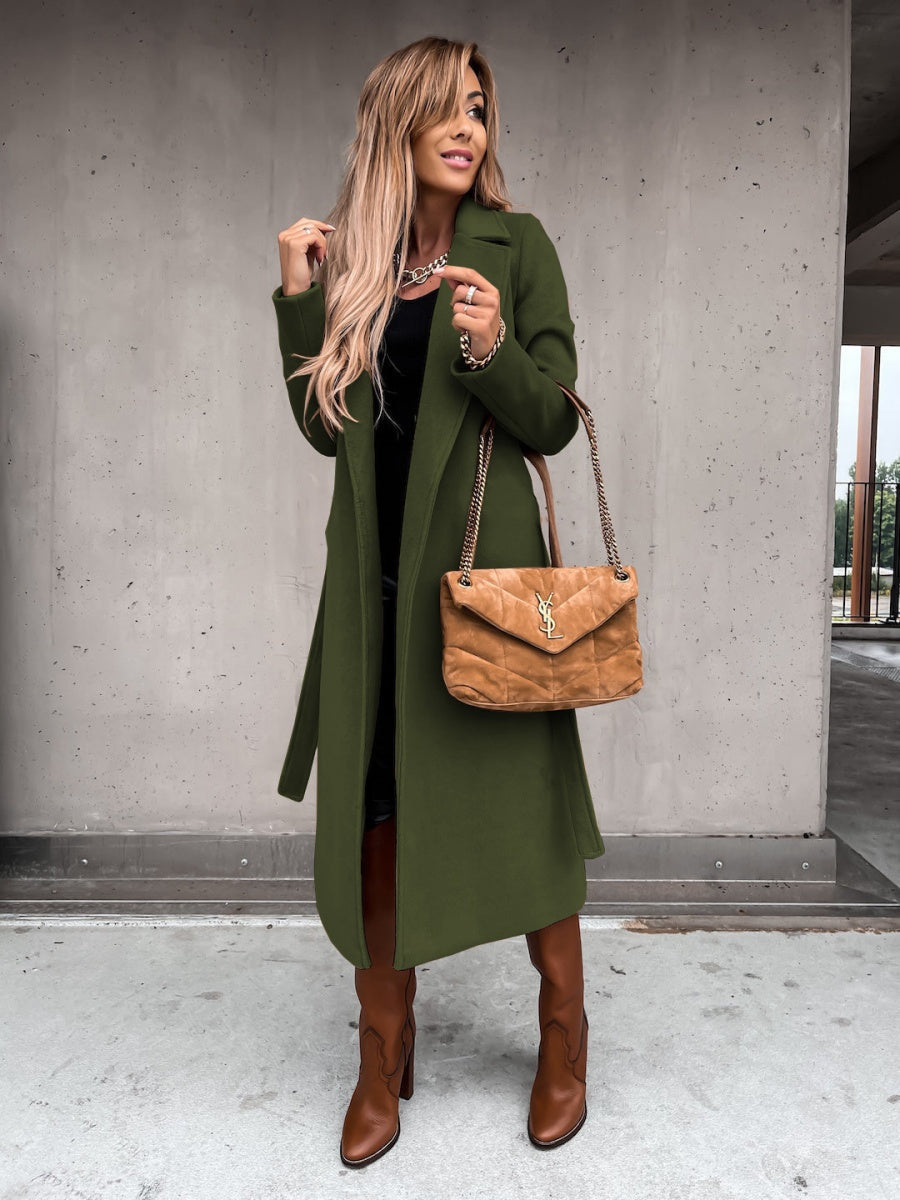 Solid Color Lapel Long Sleeve Woolen Simple Tie Coats