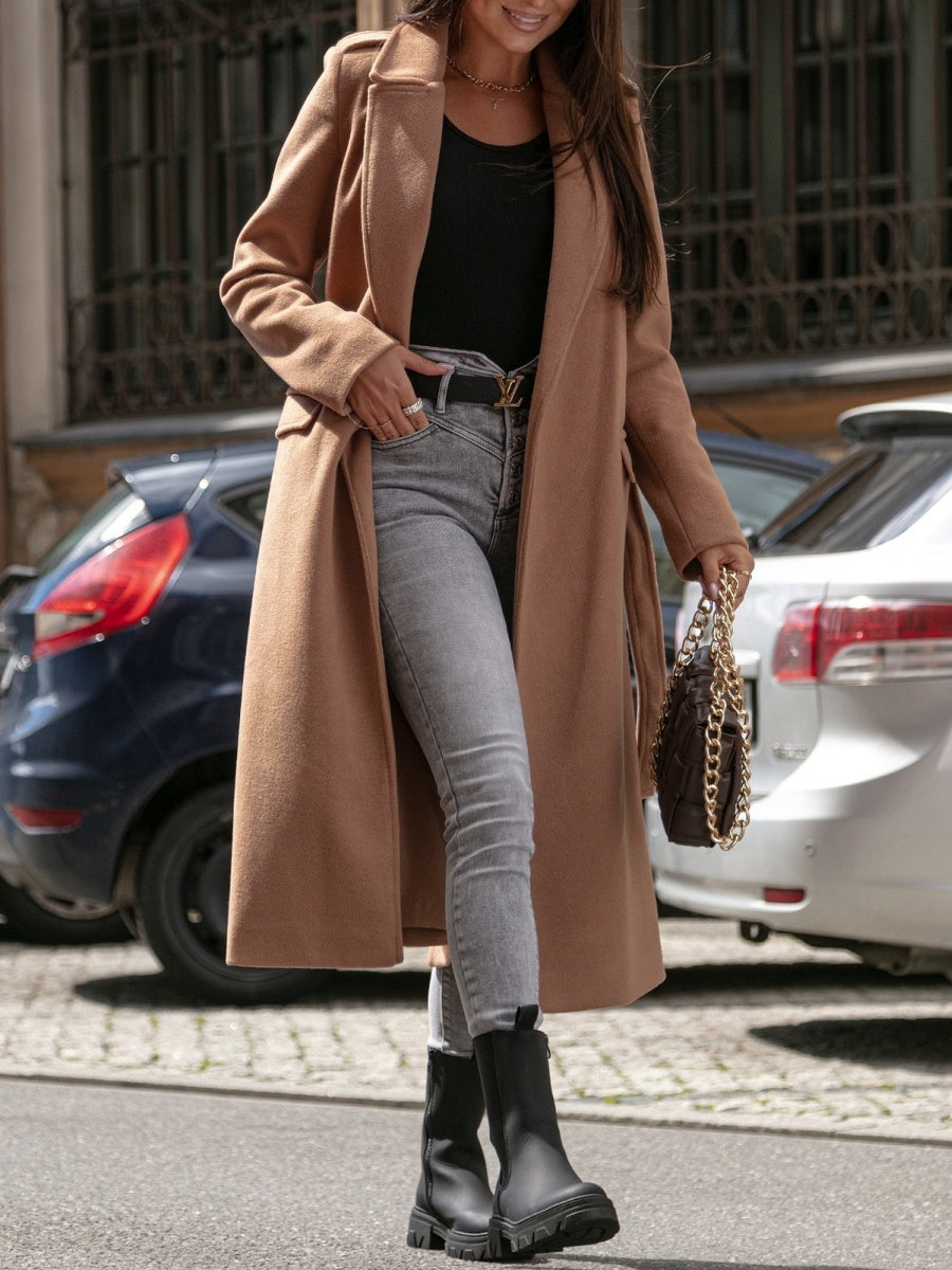 Simple Long-sleeved V-neck Tie Woolen Solid Color Coats