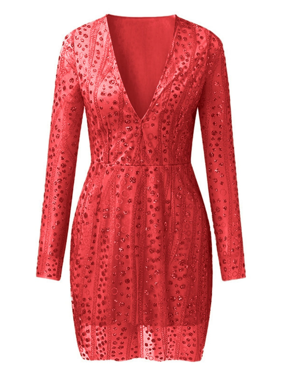 Deep V Long Sleeve Polka Dot Sequins Mini&Short Dresses