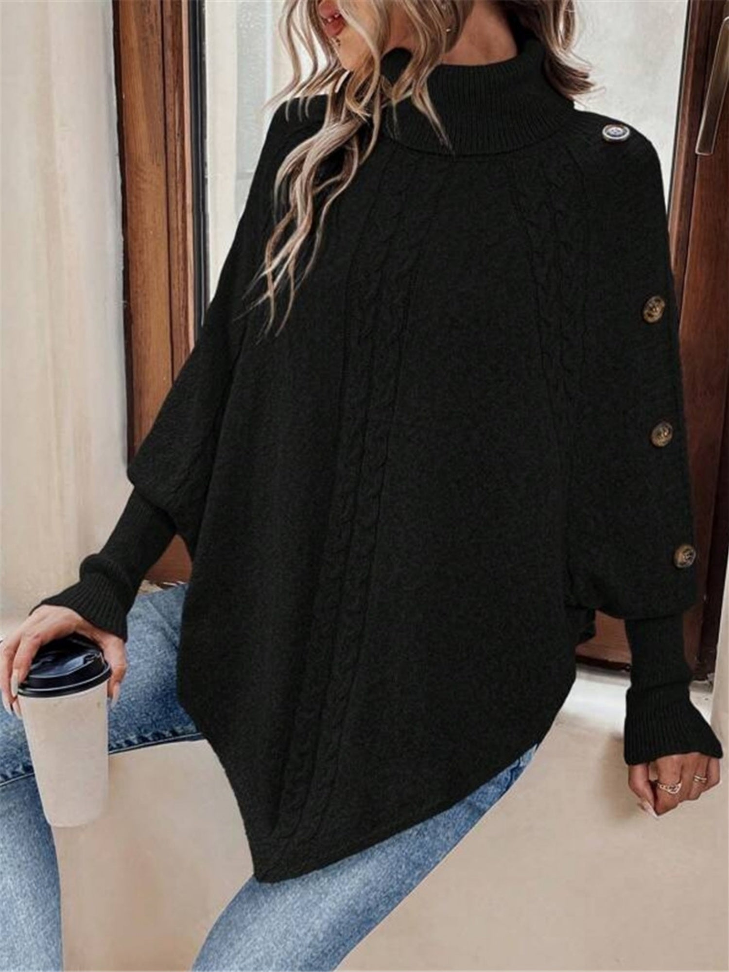 Turtleneck Buttons Batwing Shirt Cable Knit Sweater
