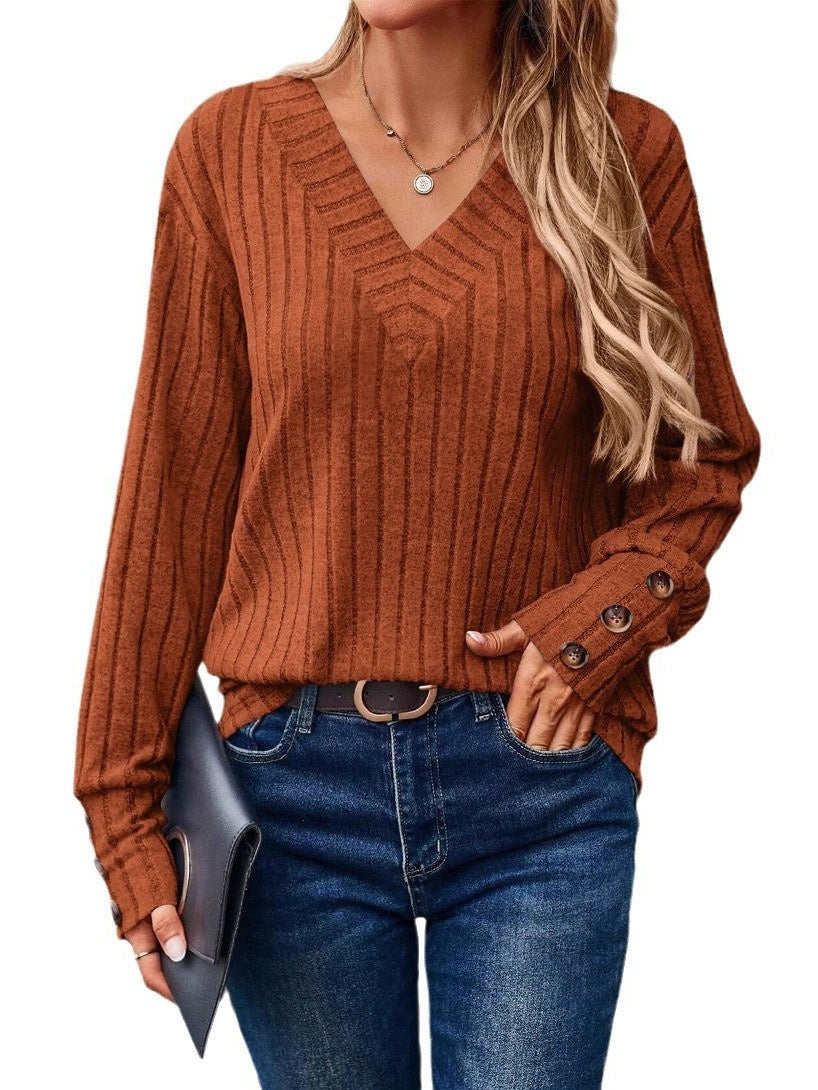 Long Sleeve V Collar Buttons Solid Color T-shirts