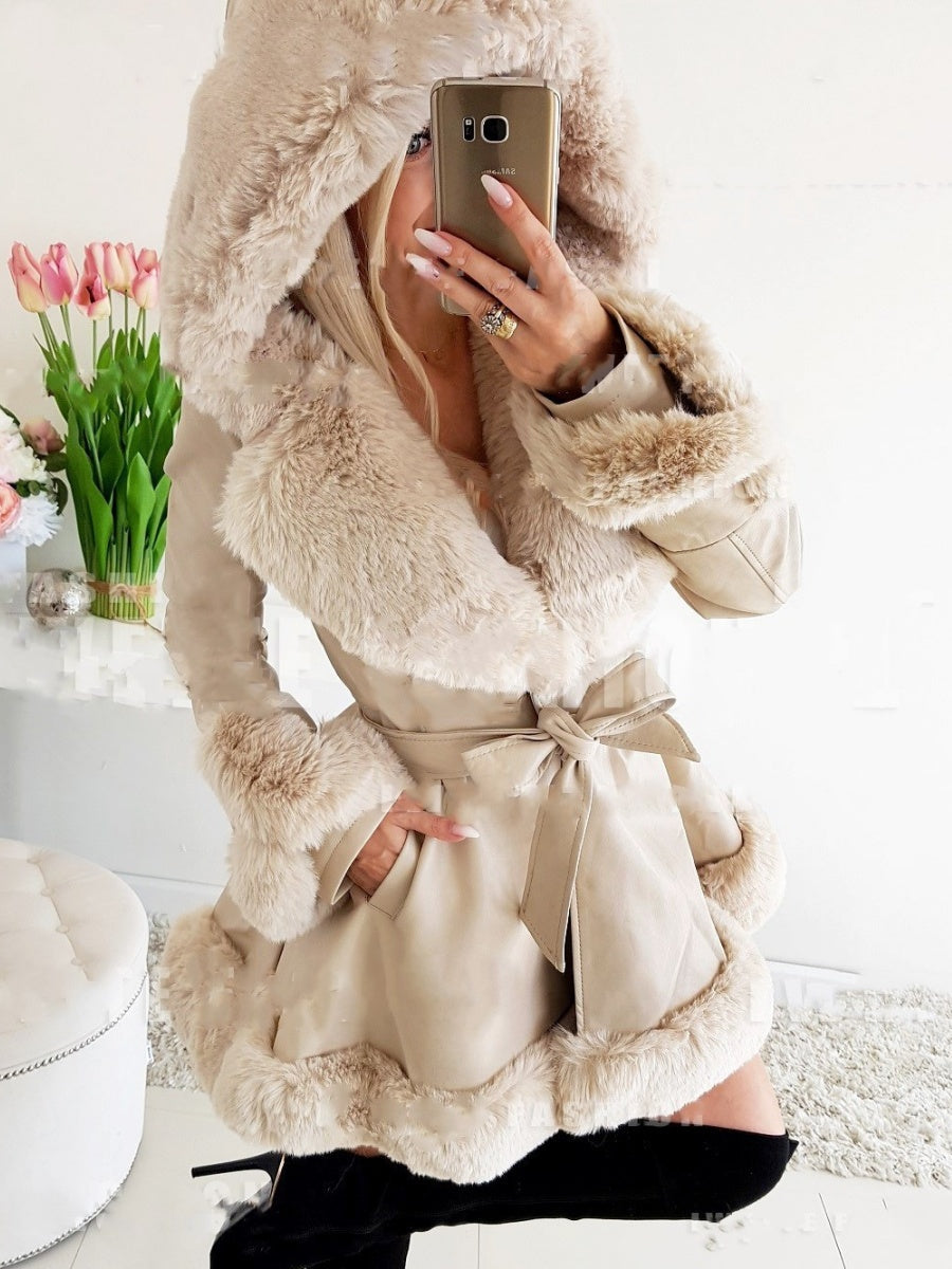 Furry Patchwork Ruffle Solid Color Ribbon Hooded Coats