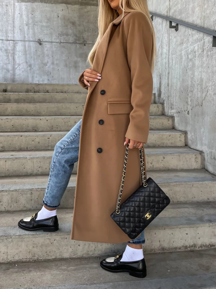 Simple Long-sleeved Lapel Button-down Woolen Coat