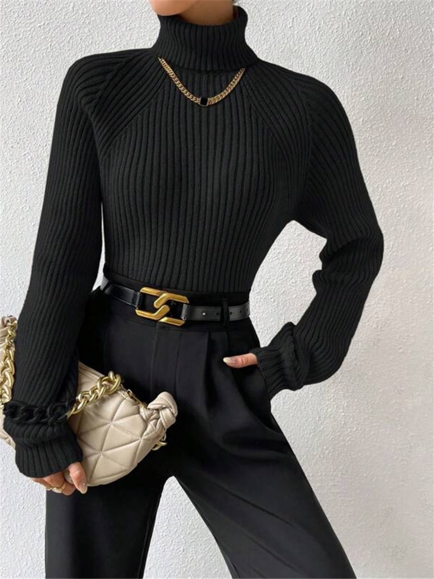 Turtleneck Raglan Sleeves Knitted Pullover Sweater