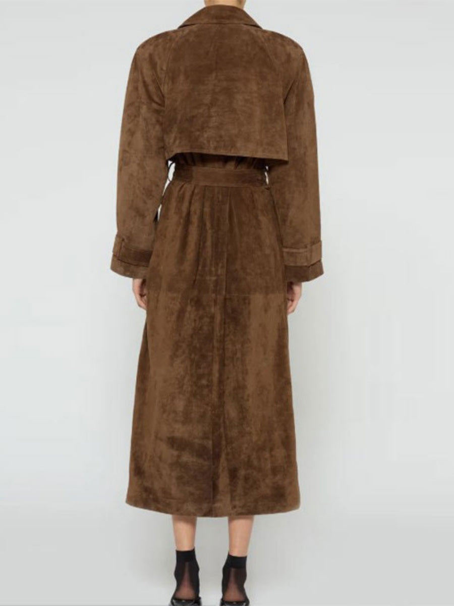 Long Suede Trench Coats Belt Pocket Grace Workplace Everyday Coat