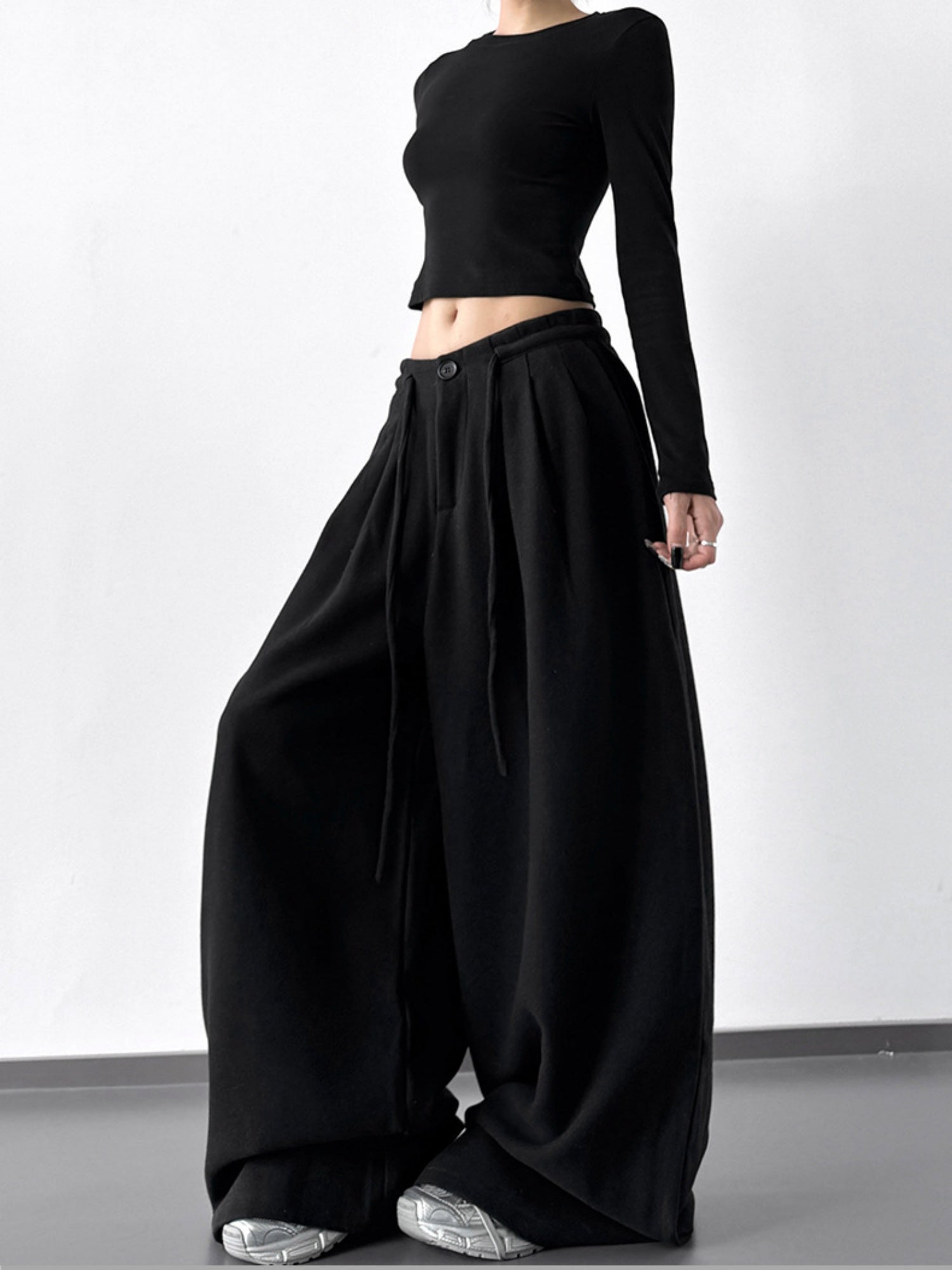 Thickened For Autumn And Winter Straps Buttons Casual Pants Wide-leg Pants