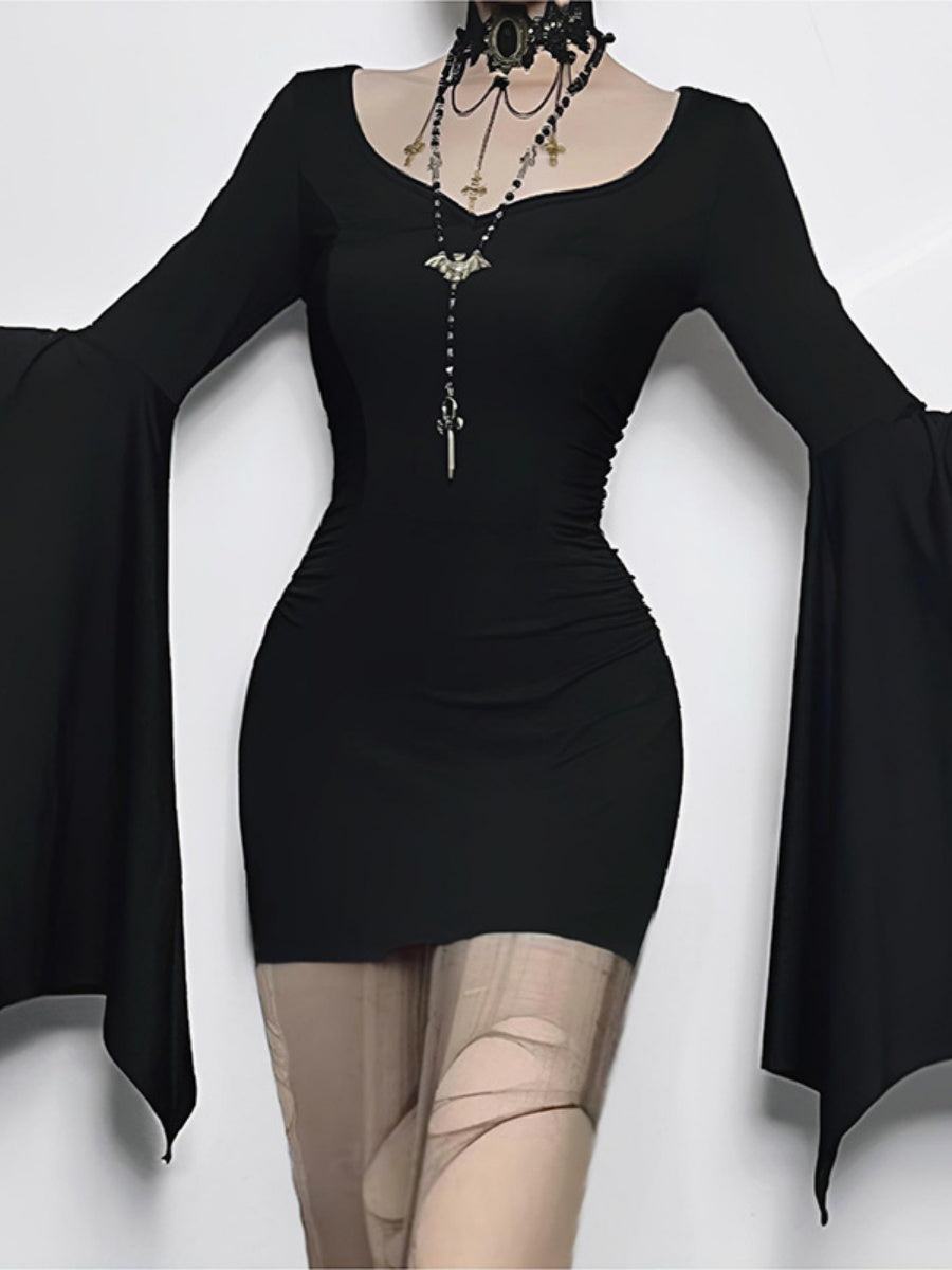 Batwing Sleeves Slim Fit Black Mini&Short Dresses