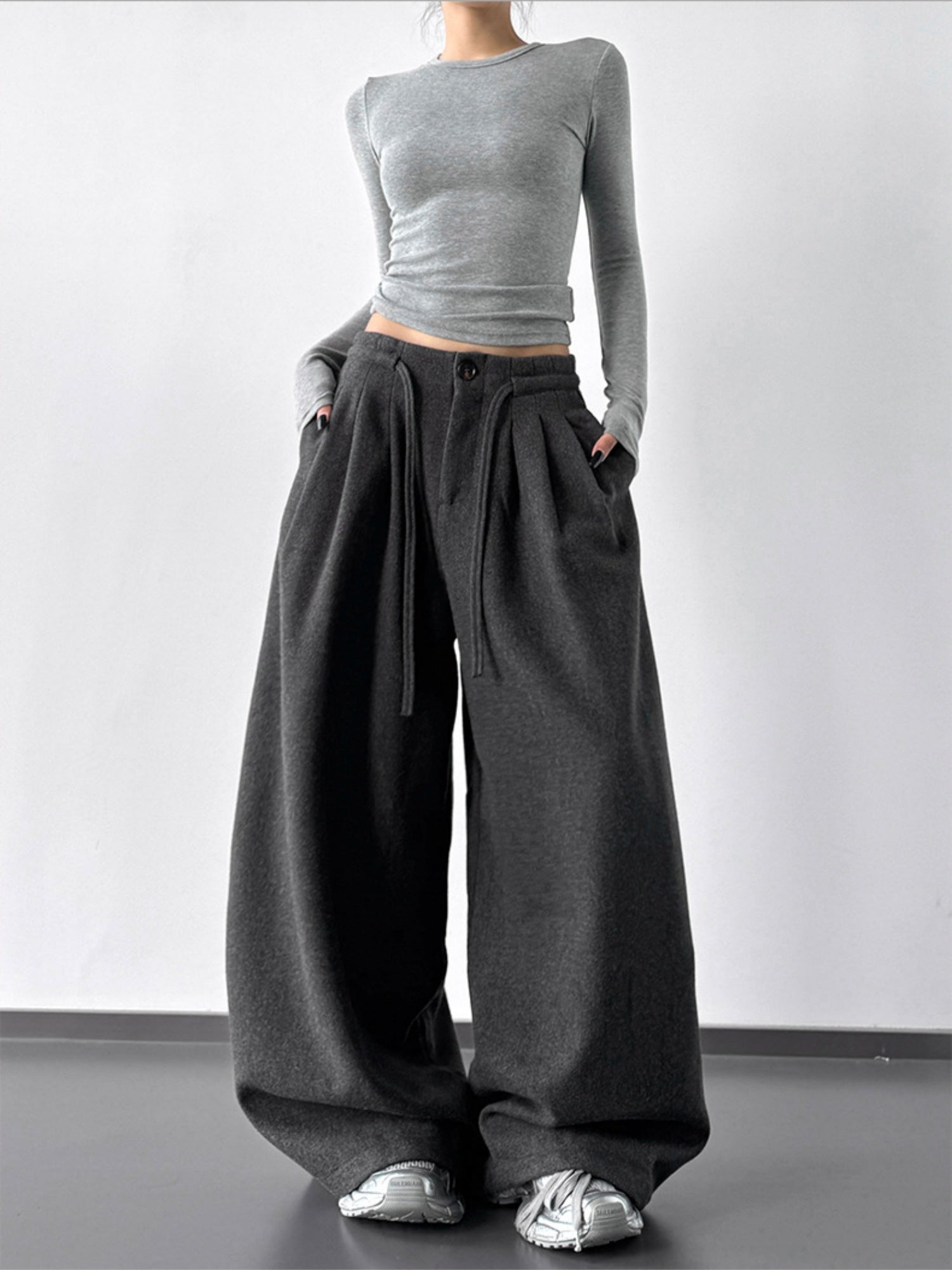 Thickened For Autumn And Winter Straps Buttons Casual Pants Wide-leg Pants