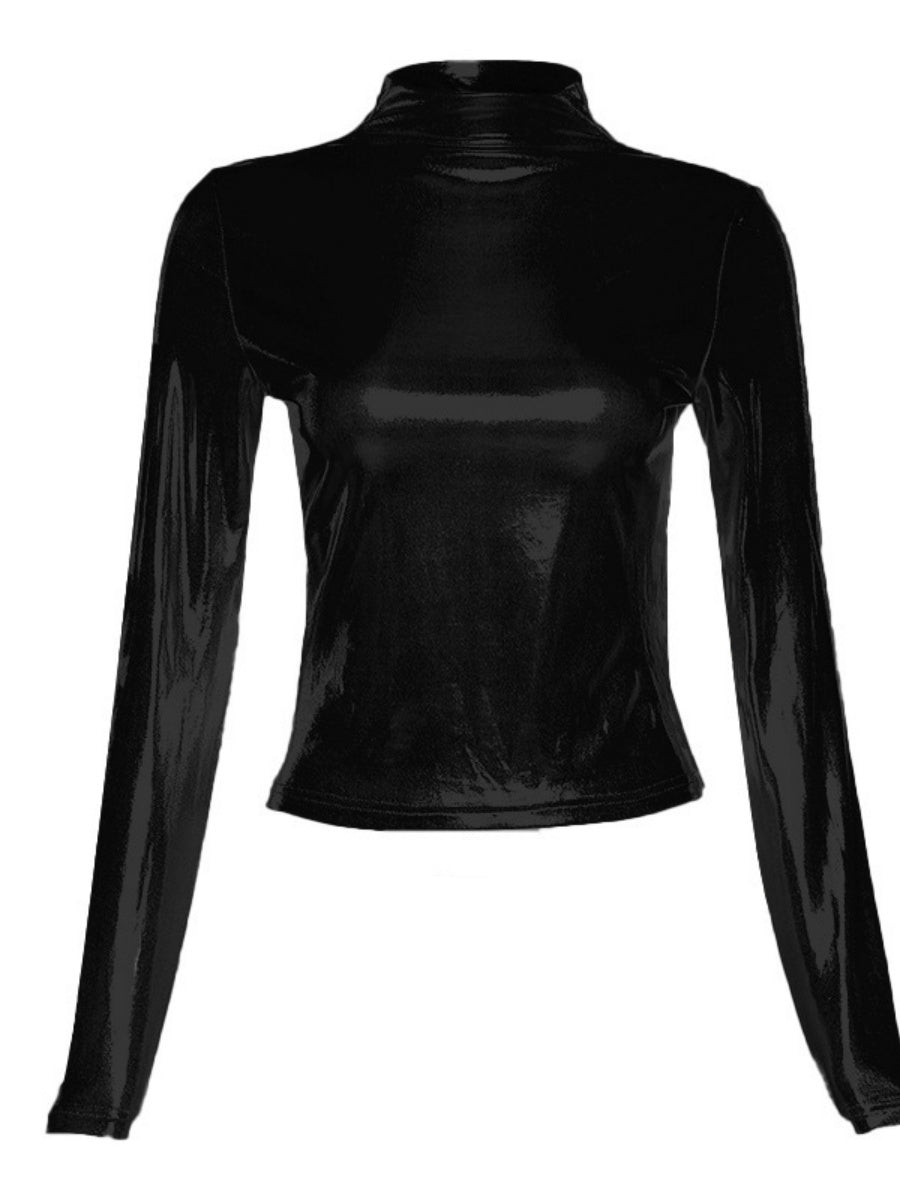 Half Turtleneck Patent Leather Metallic Color Long Sleeve Tight Fit T-shirts