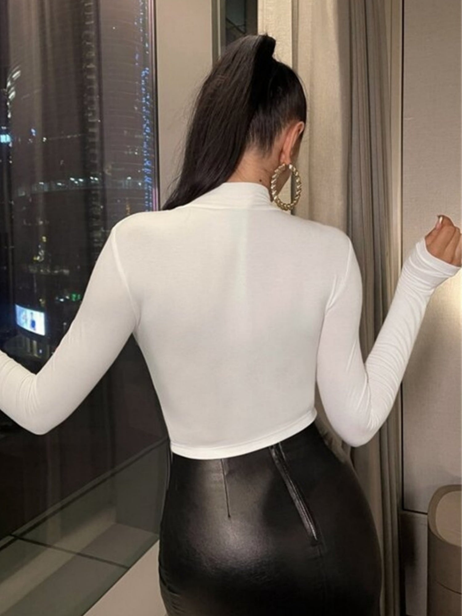 Pleated High Collar Long-sleeved T-shirt