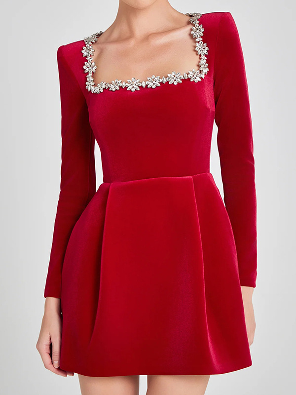 Square Collar Long Sleeve Diamond Velvet Mini&Short Dresses