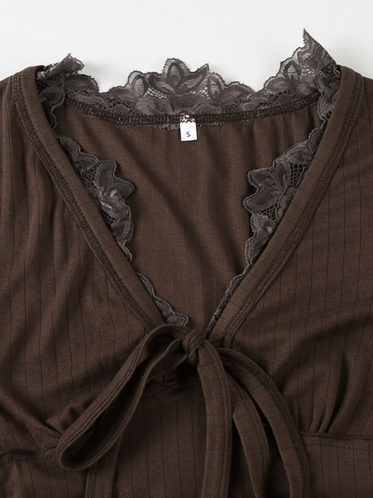 Lace Trim Deep V-neck Straps Long-sleeved T-shirt