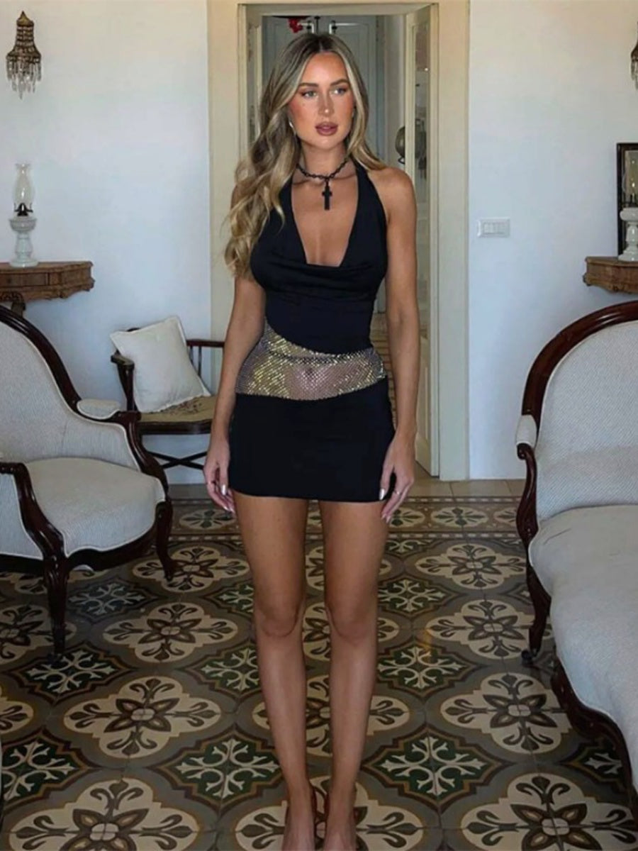 Backless Draped Collar Sparkling Mesh Splicing Halter Mini&Short Dresses