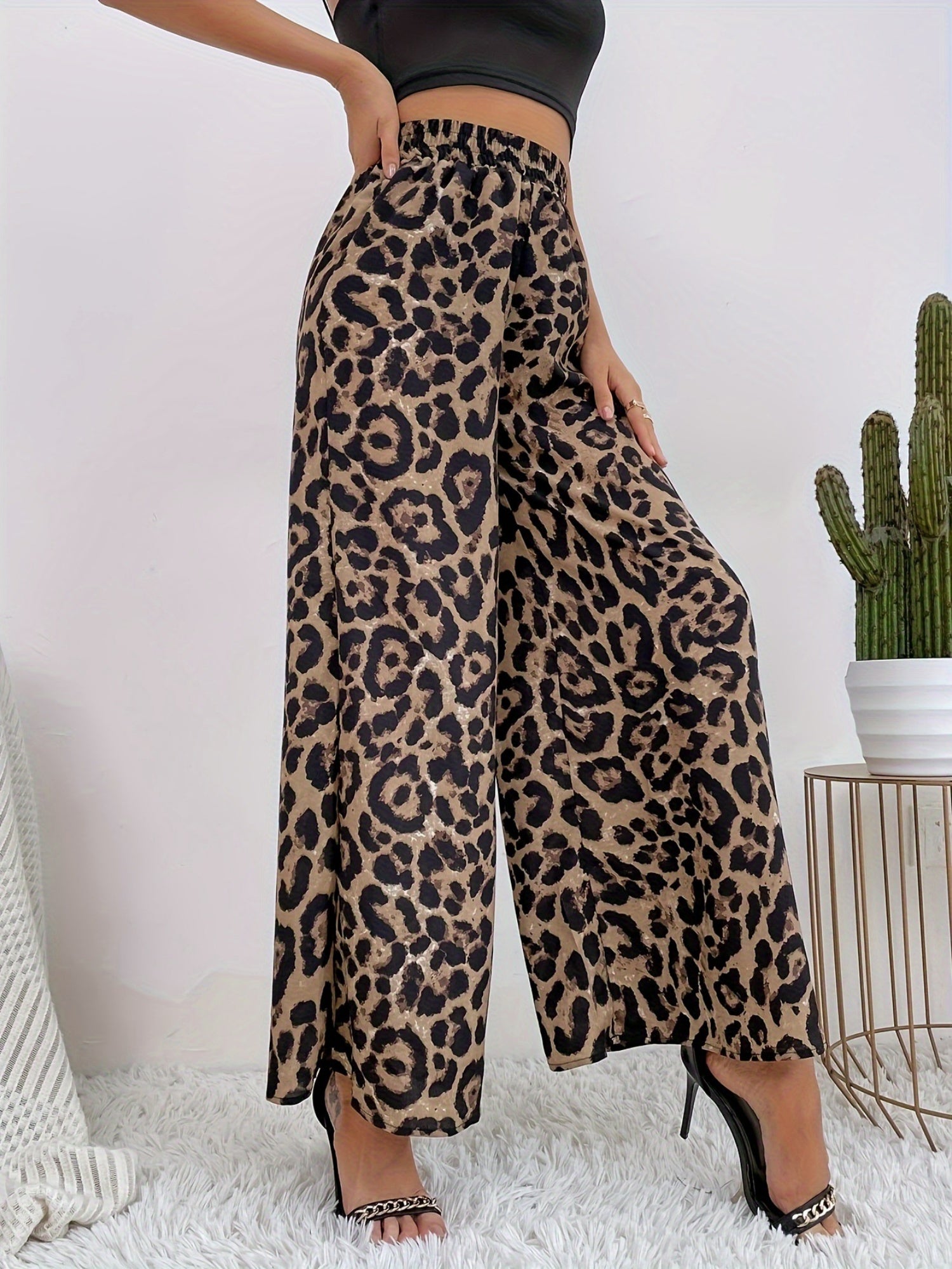 Leopard Print Elastic Waist Draped Loose Casual Wide Trousers