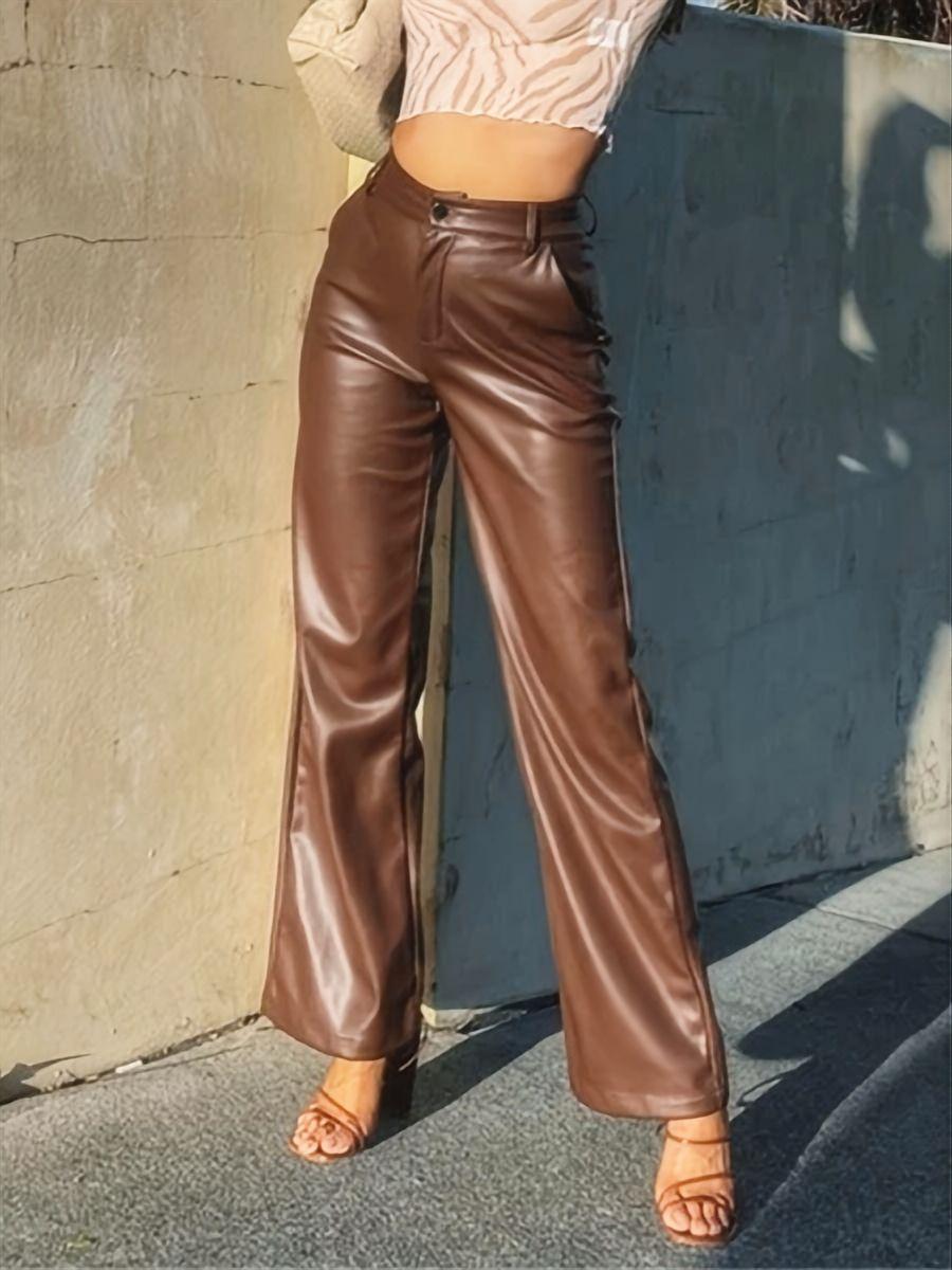 High Elasticity PU Leather Pocket Straight Pants
