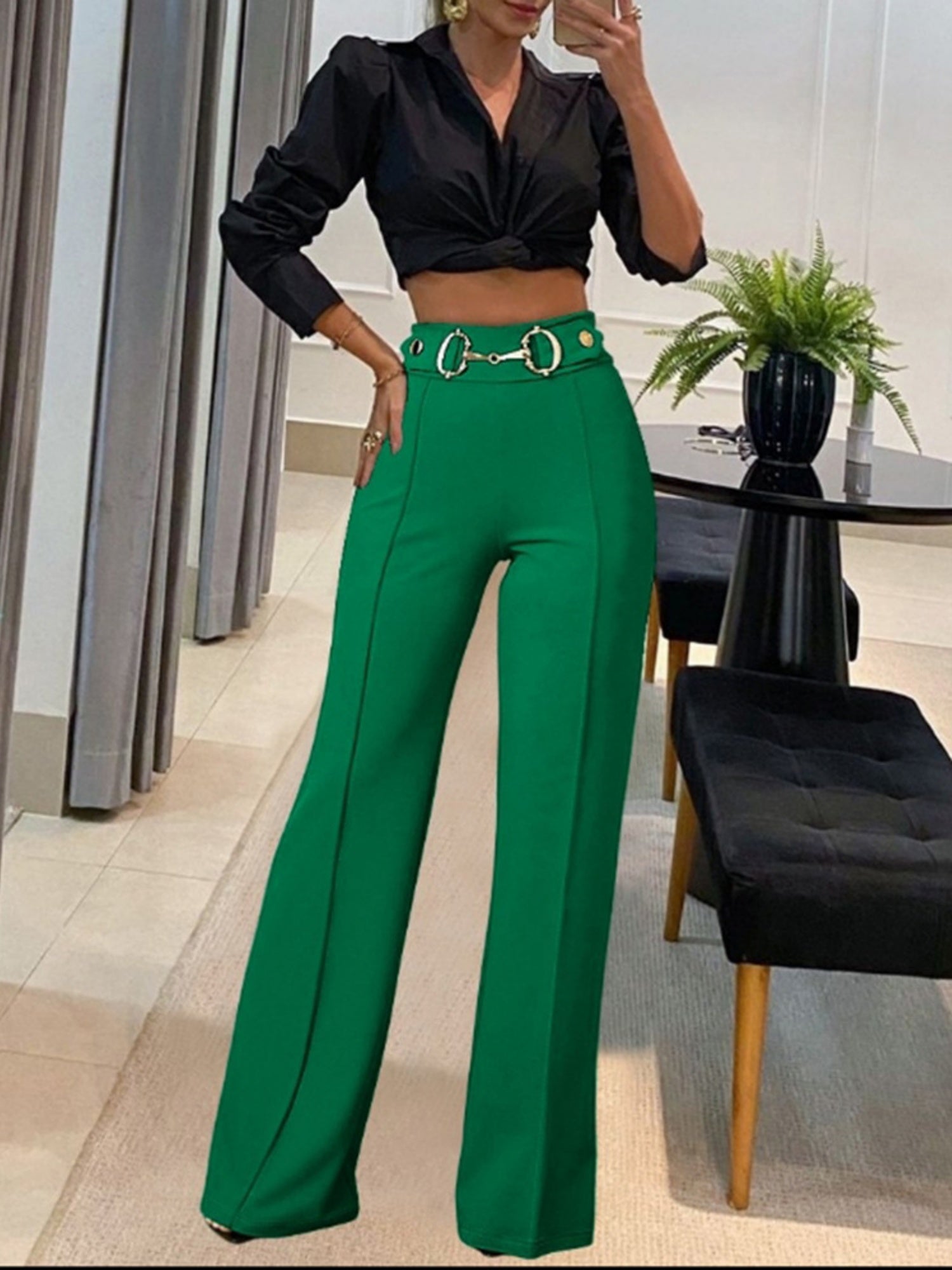 Metal Decoration Pleated High-waisted Straight Tube Pants