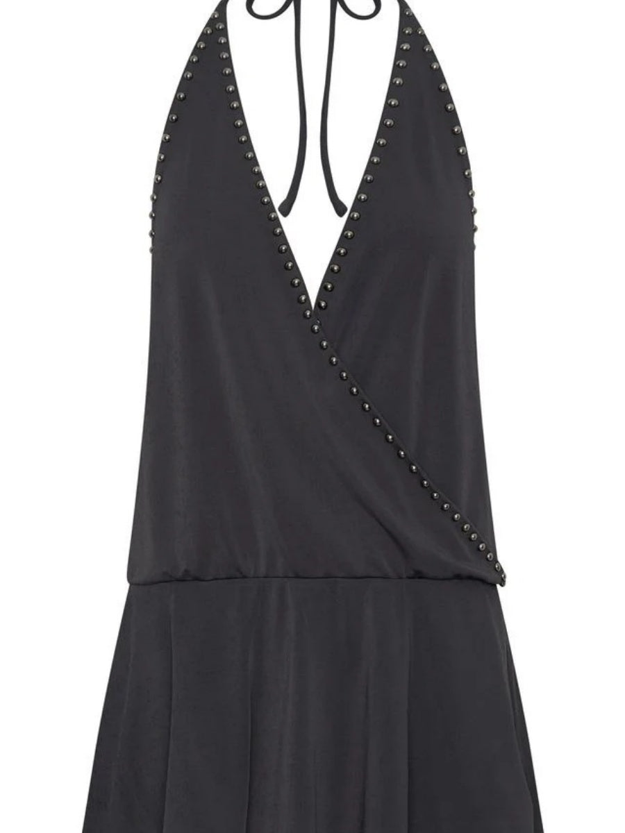 V-neck Back Straps Loose Beading Halter Mini&Short Dresses