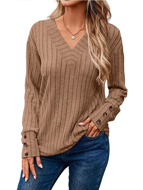 Long Sleeve V Collar Buttons Solid Color T-shirts