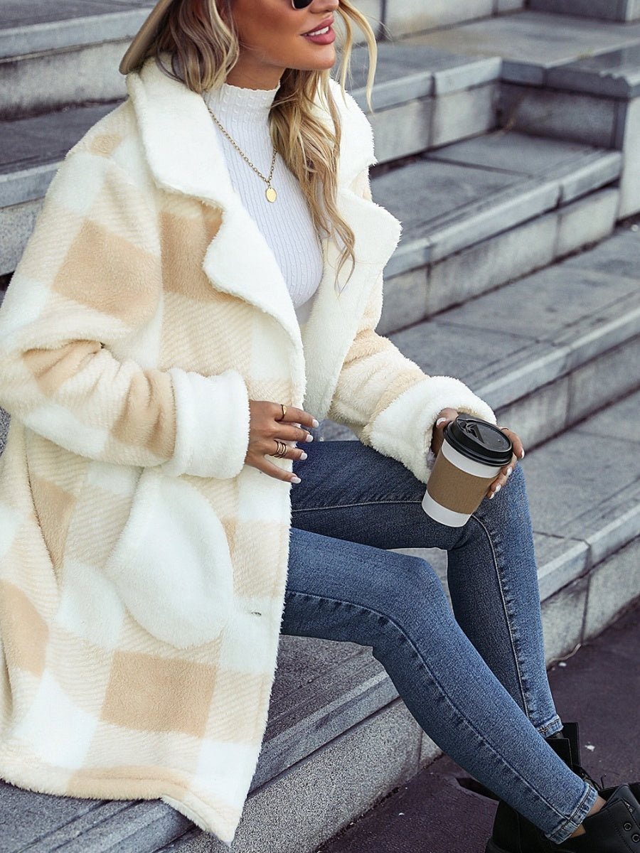 Long Pockets Plaid Printed Suit Collar Single-breasted Plush Coat