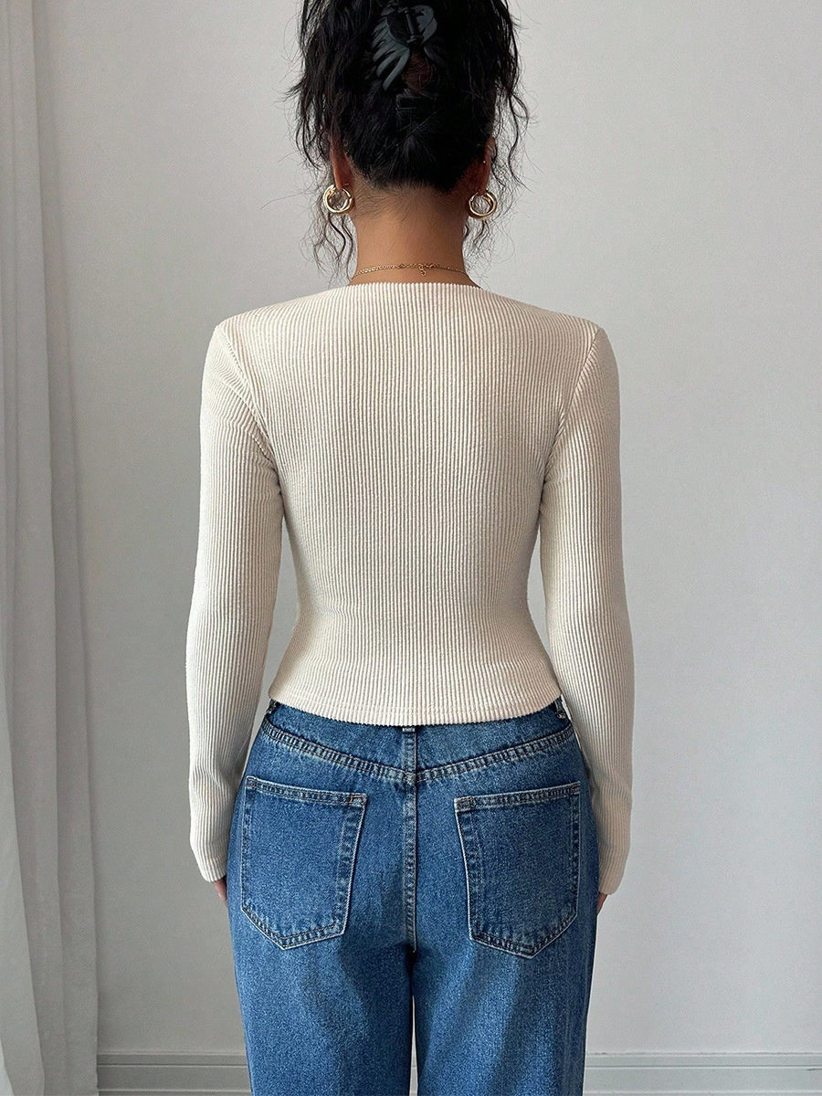 Apricot Bow Slim Fit Knitting Long Sleeve T-shirts