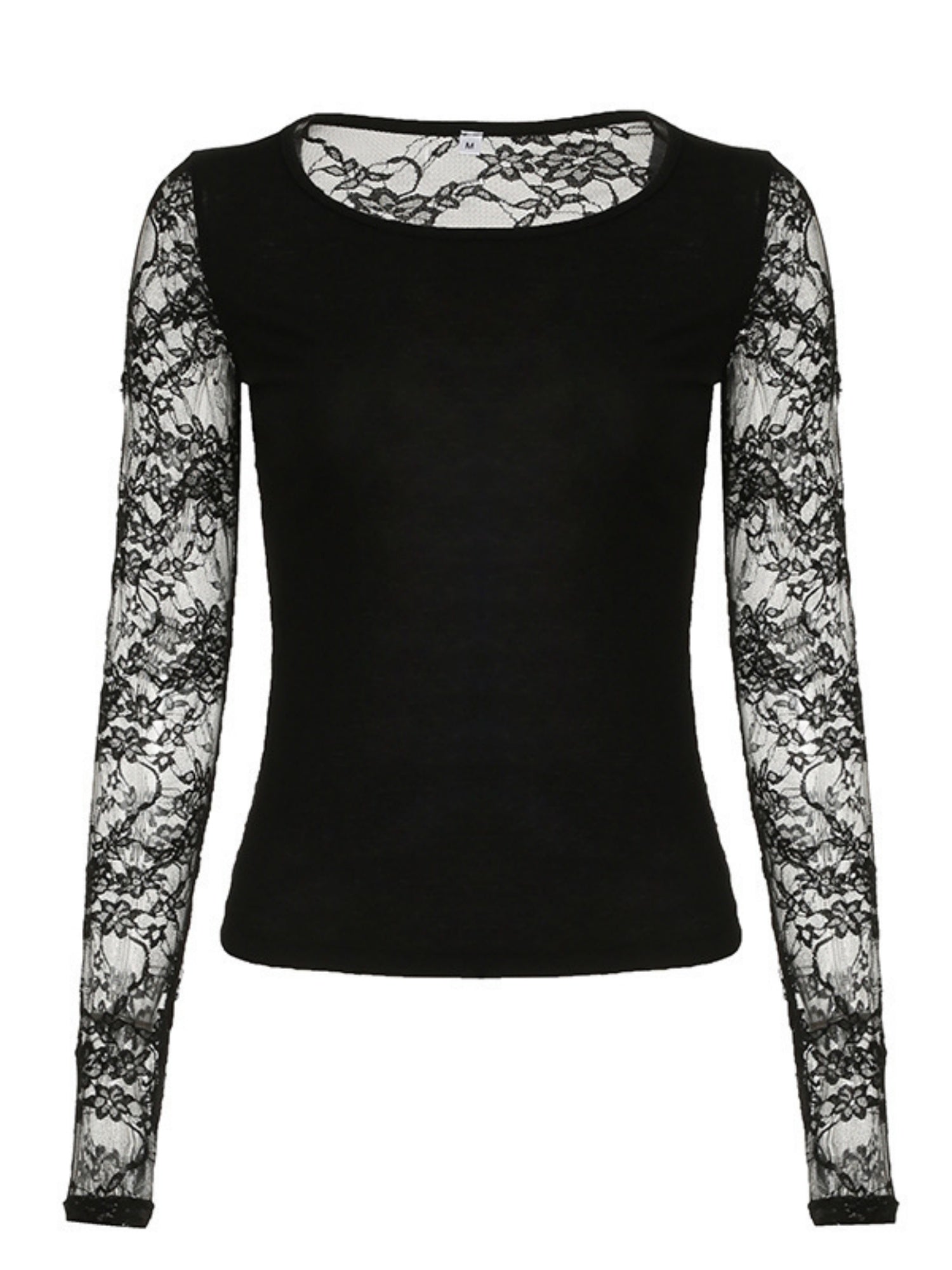 Lace Patchwork Sexy See-through Round Neck And Backless Long-sleeved T-shirt