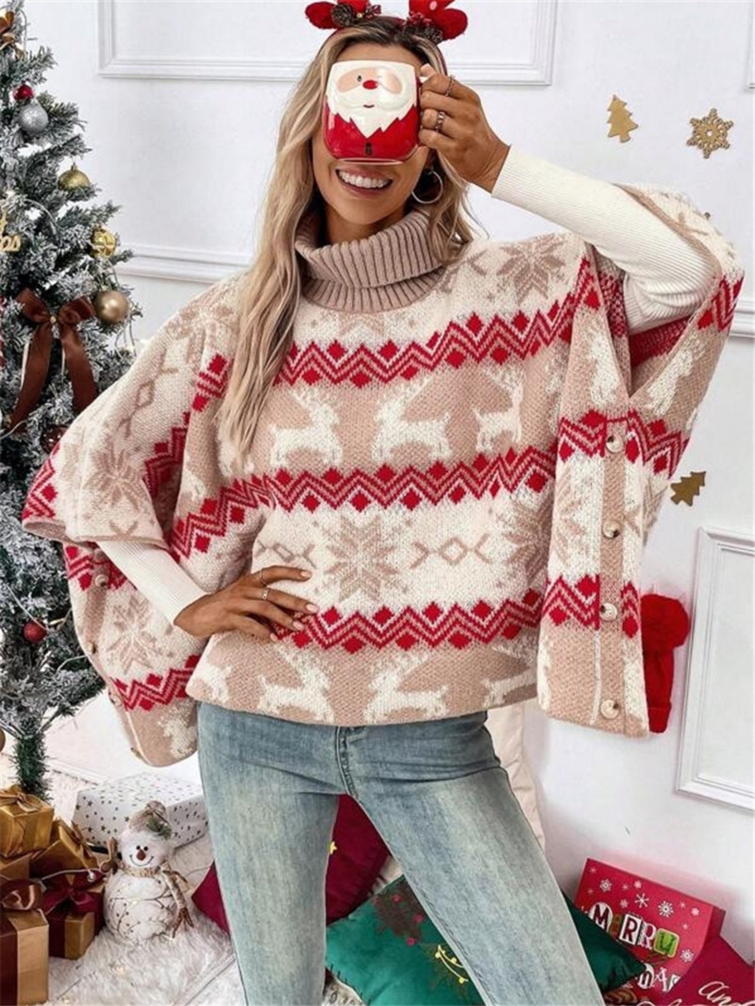 Christmas Elk Contrasting Colors Batwing Sleeve Sweater