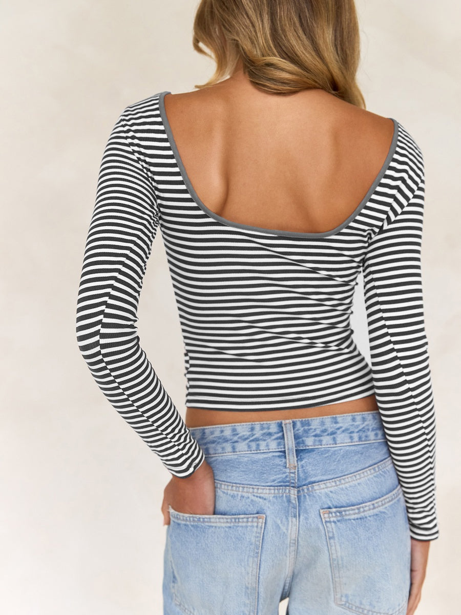 Simplicity Contrasting Colors Stripes Backless Long Sleeve T-shirts