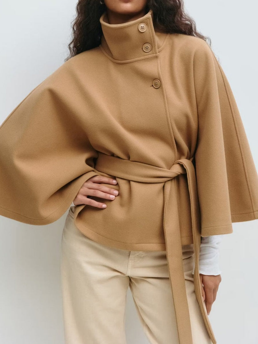 Solid Color Cape With Stand Collar, Button Belt And Short Style Coats