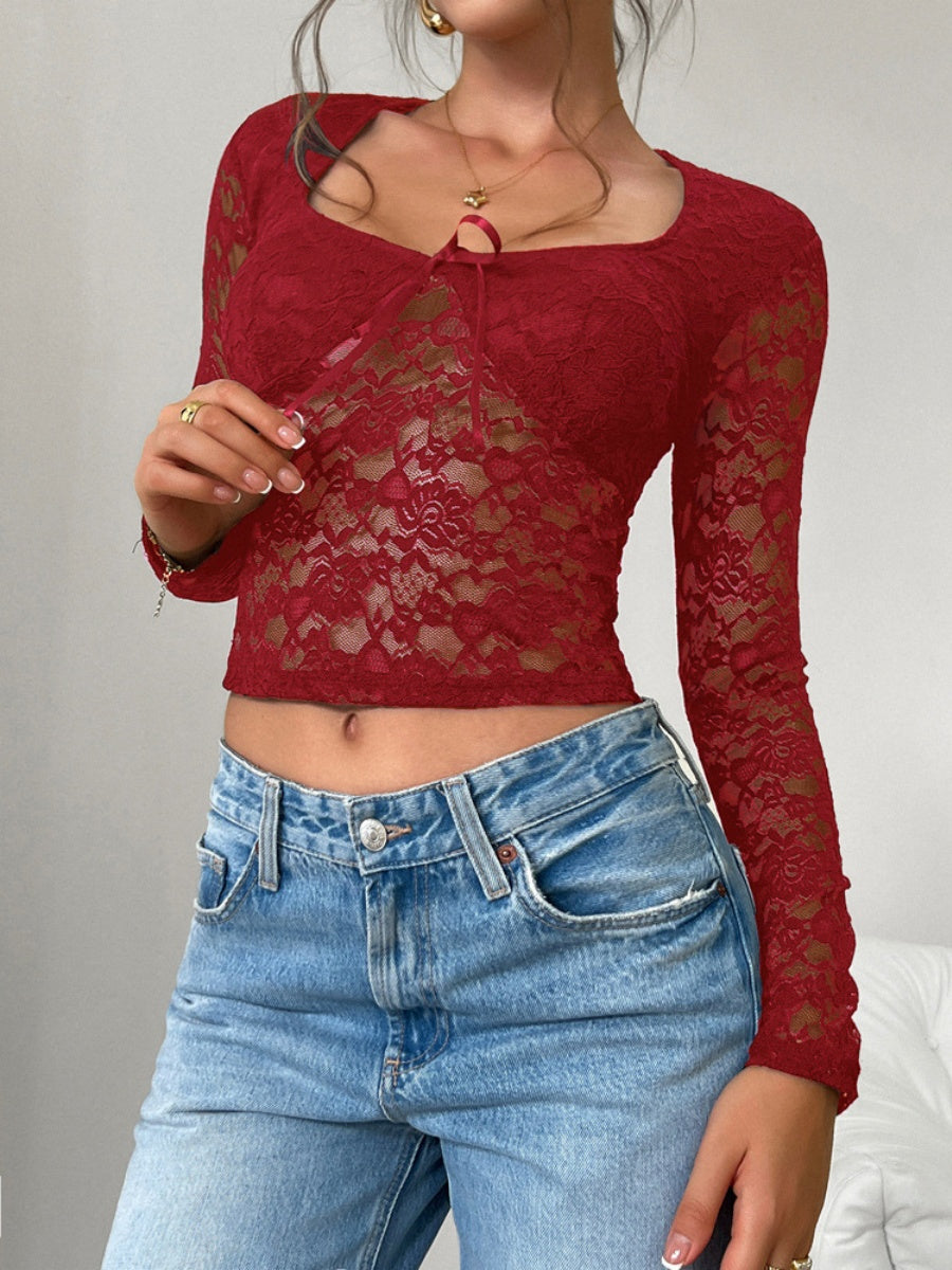 Sexy Slim-fitting Hollowed-out Long-sleeved Tie-up Lace Top