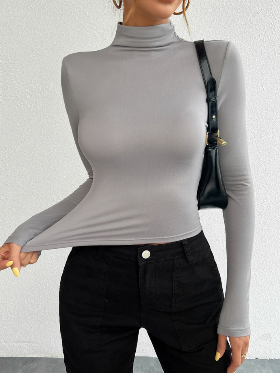 Simplicity Navel Solid Color Turtleneck Long Sleeve T-shirts