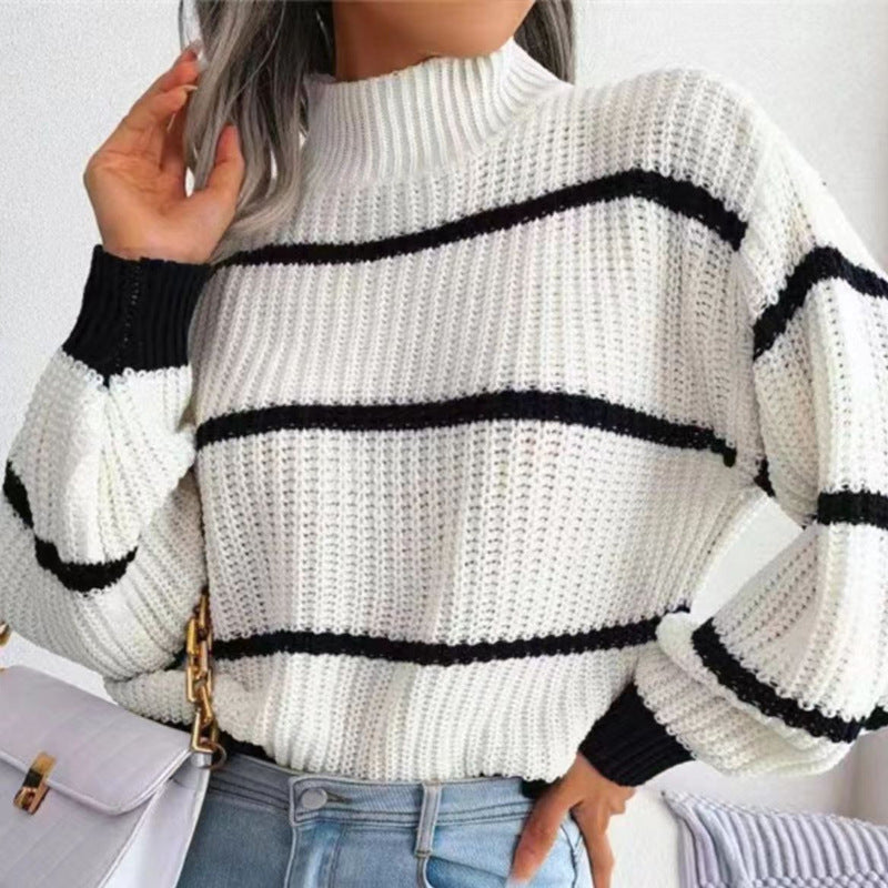 Turtleneck Loose Striped Colors Long Sleeve Sweaters