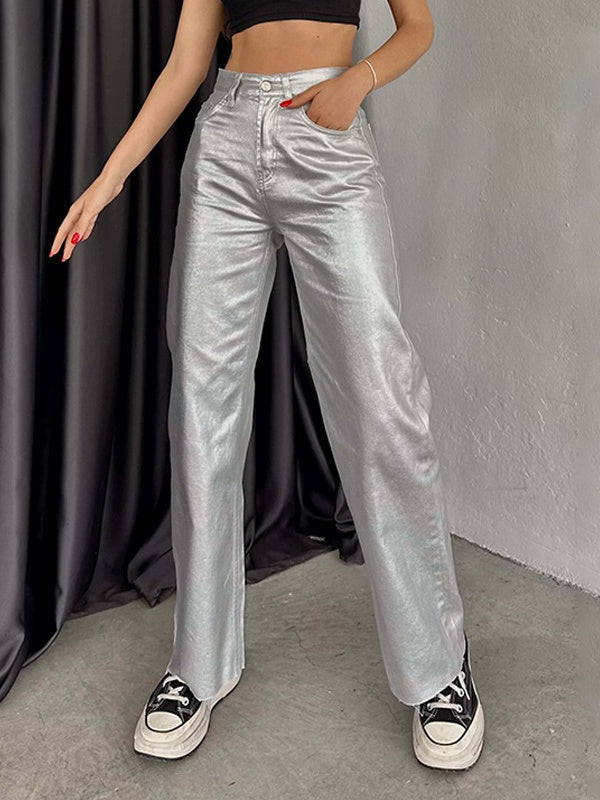 Pocketed, Loose-fitting, Wide-leg, Retro Straight-leg Style In Gold And Silver. Pants