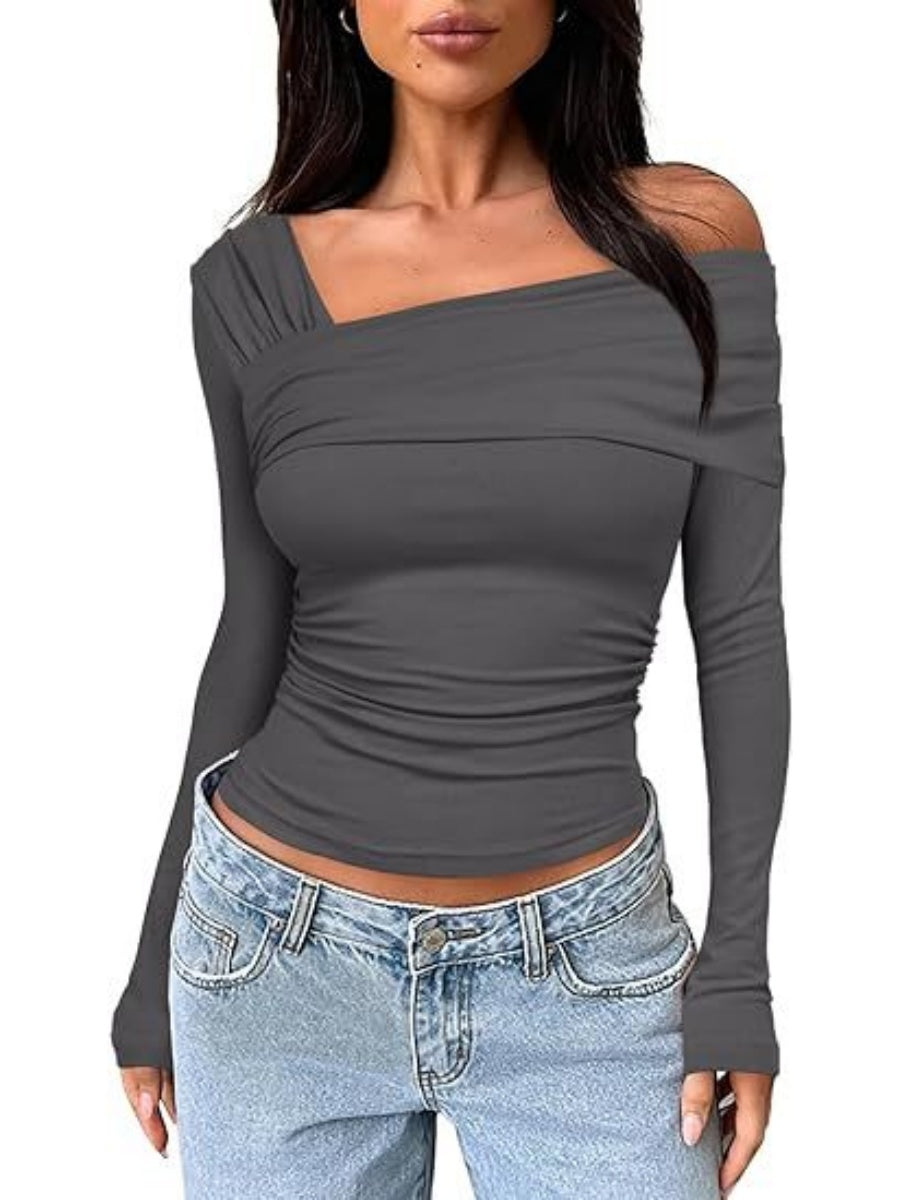 One Shoulder Long Sleeve Pleats Slim Fit T-shirts