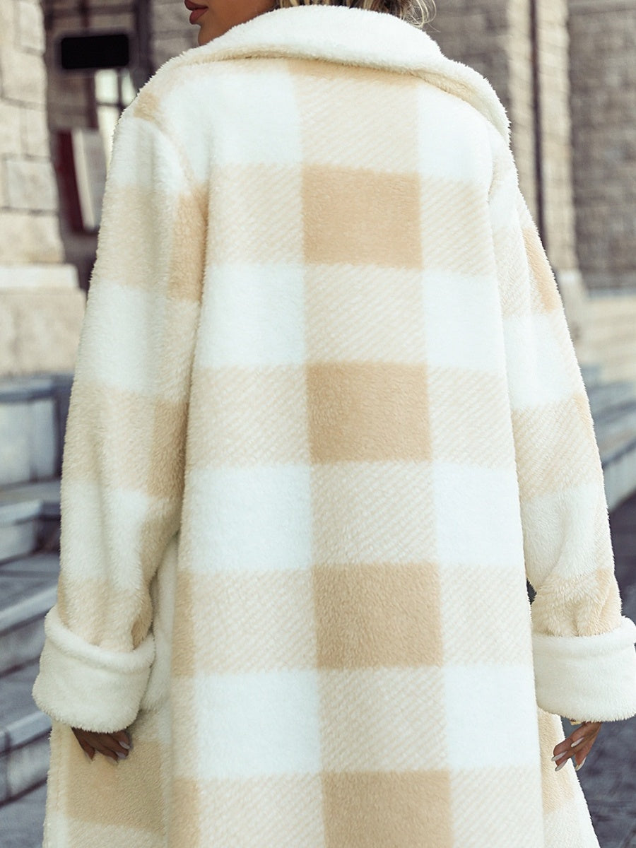 Long Pockets Plaid Printed Suit Collar Single-breasted Plush Coat