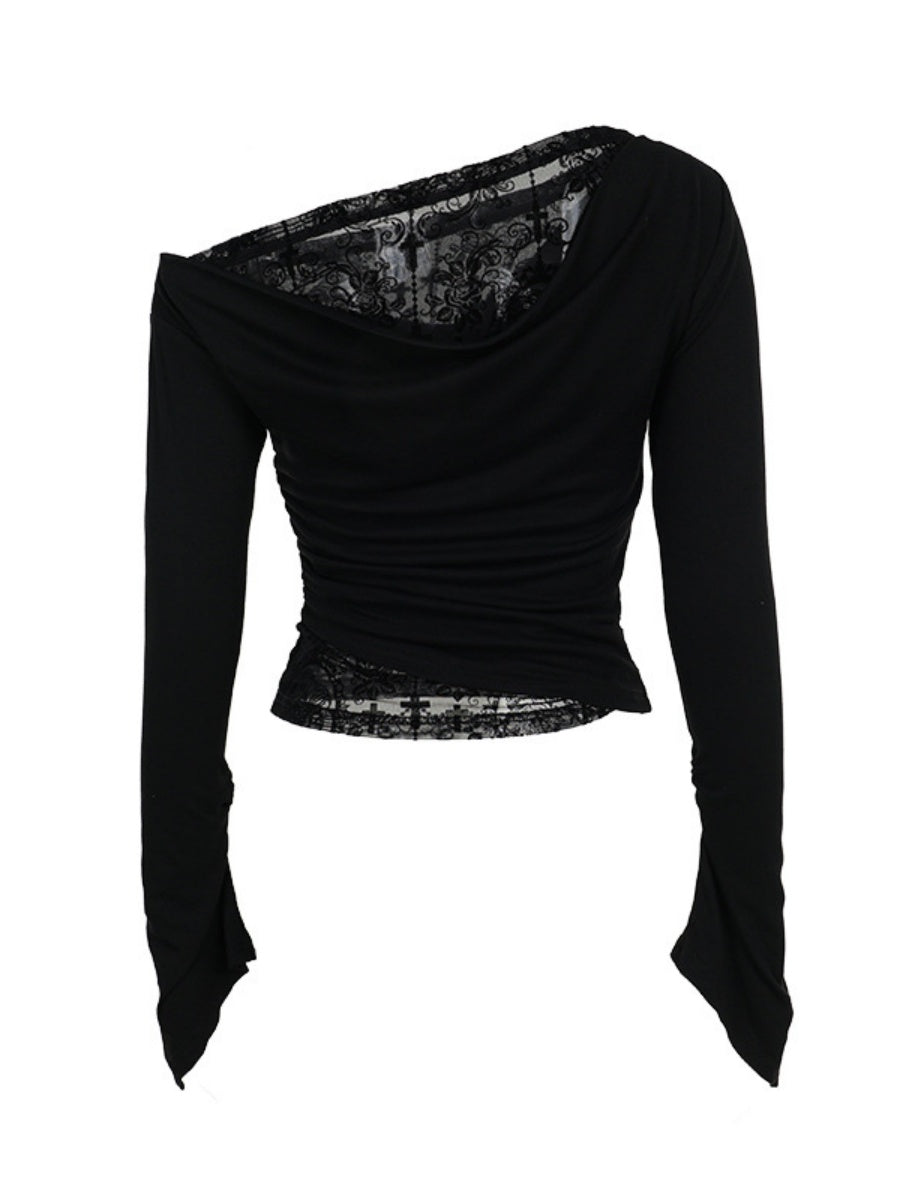 Embossing Slightly Transparent Jacquard Black One Shoulder T-shirts