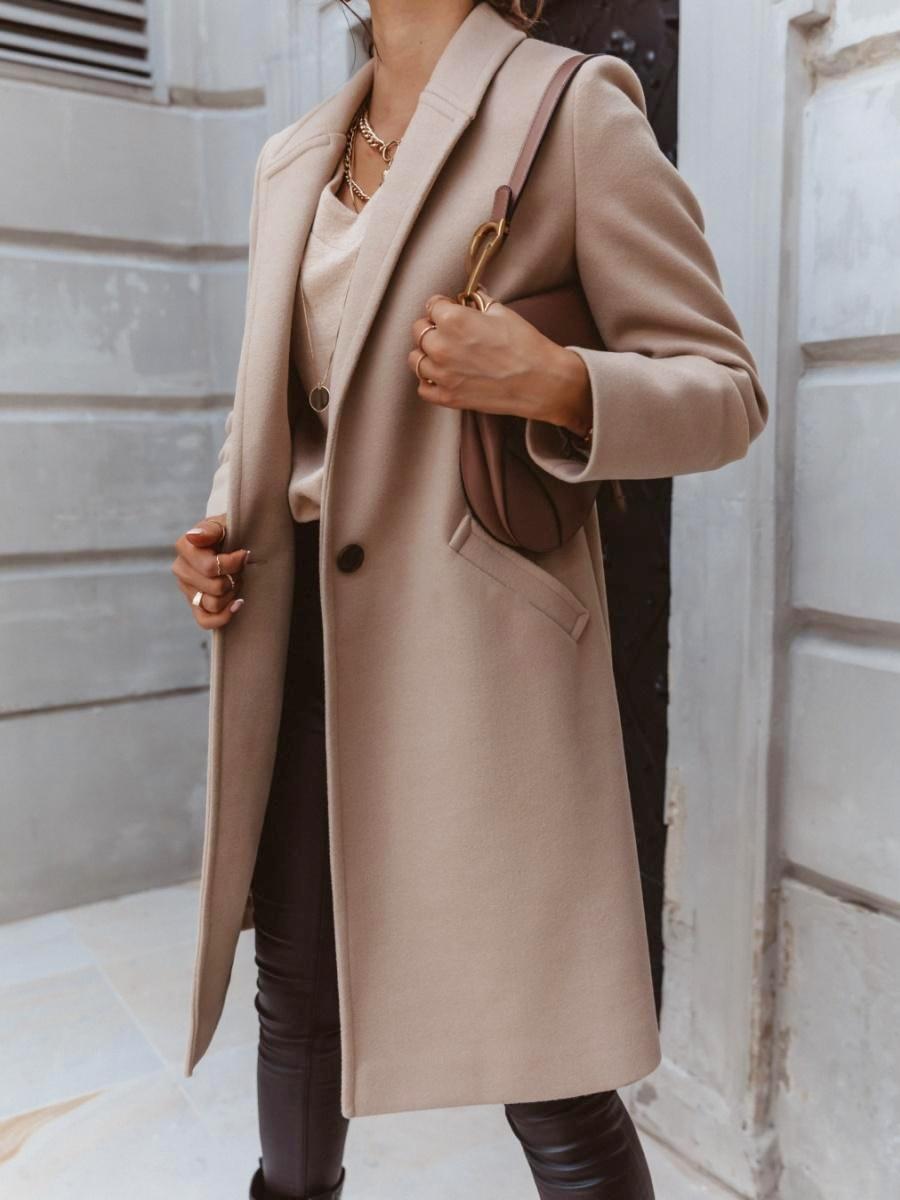 Solid Color Lapel Mid-length Button Wool Coat