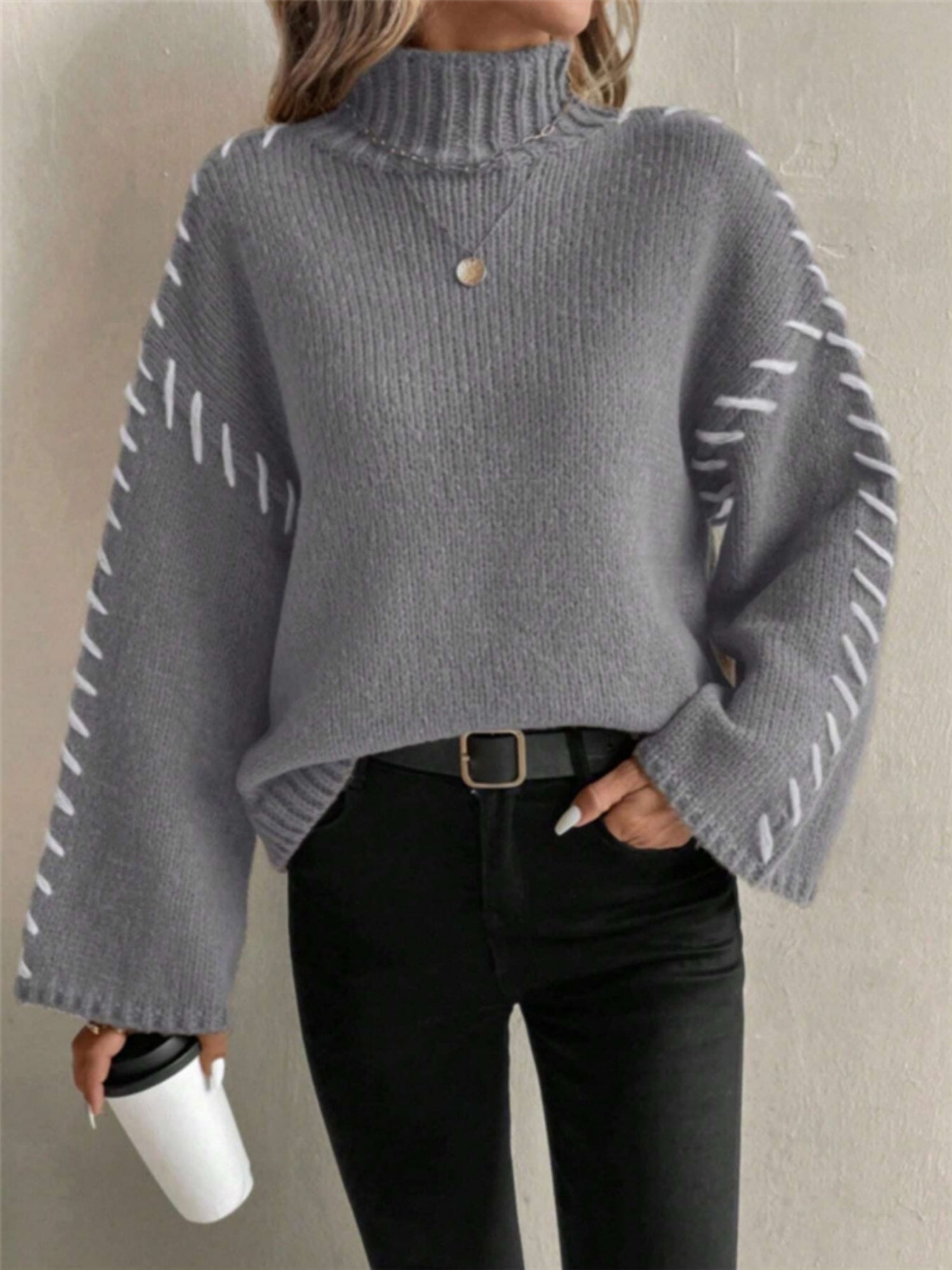 Turtleneck Contrasting Colors Solid Color Knitted Sweater