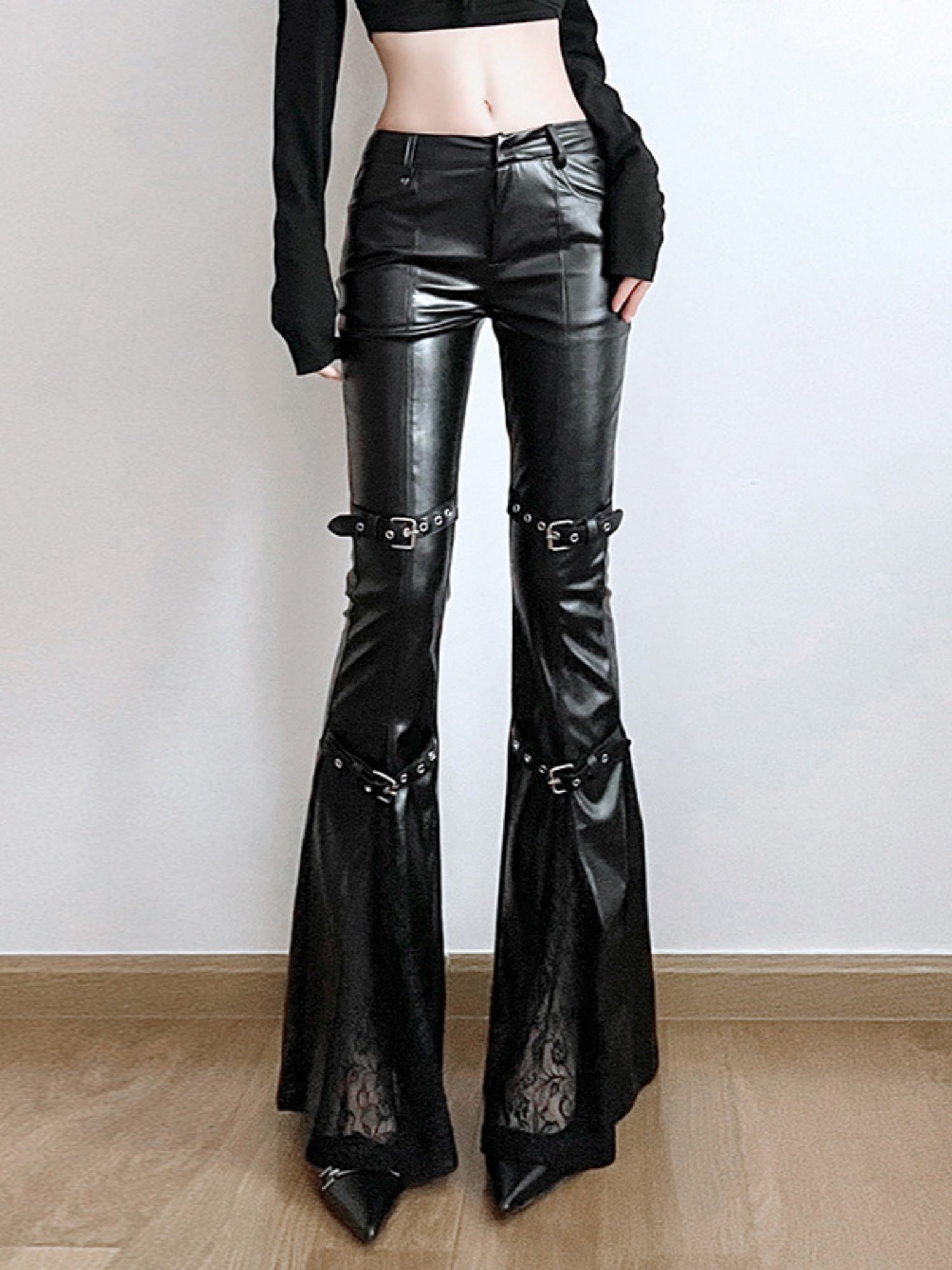 Leather Lace Patchwork Eyelet Buckle Low-rise Bell-bottoms Pants