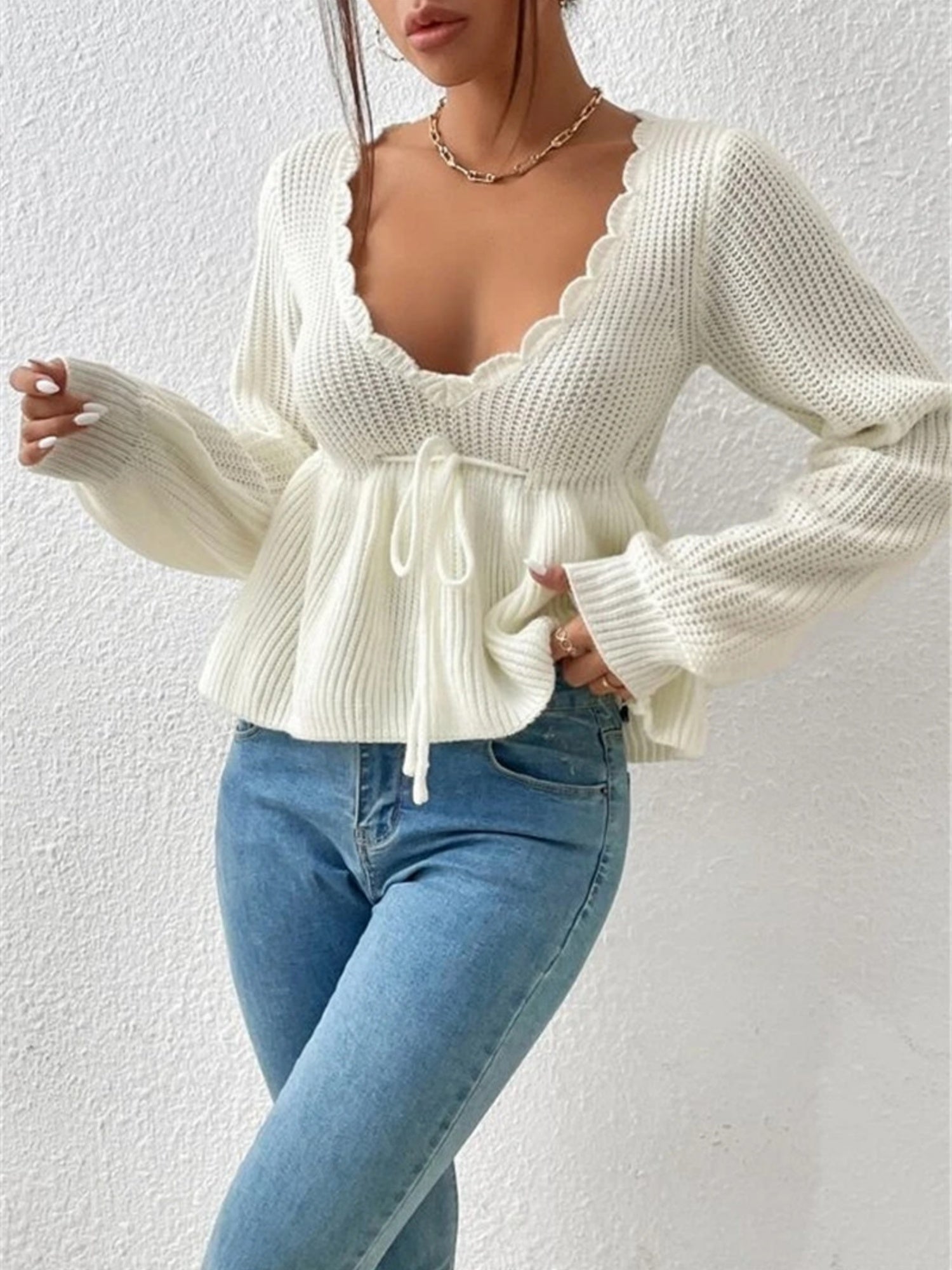 V-neck Drawstring Ruffled Skirt Knitted Pullover Sweater